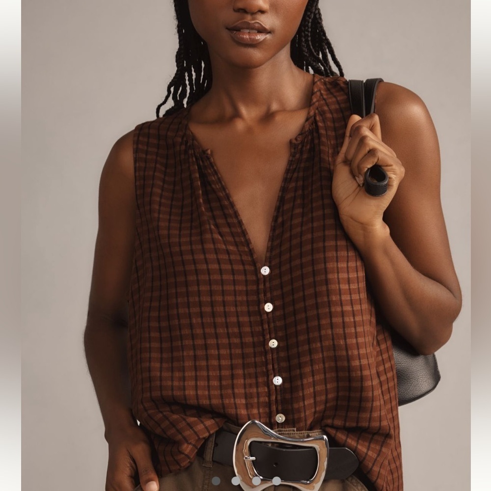 Anthropologie Cloth & Stone Sleeveless V-Neck Shirred Tank Brown Windowpane